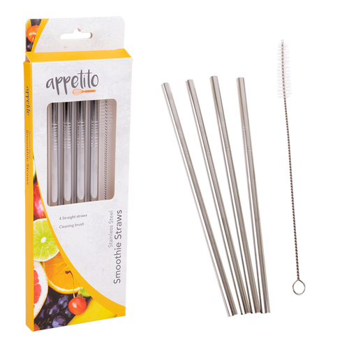 Appetito Set of 4 Stainless Steel Smoothie Straws and Brush