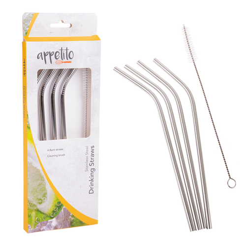 Appetito Set of 4 Stainless Steel Bent Drinking Straws with Brush