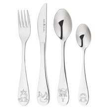 Load image into Gallery viewer, 4-piece Fairytale Collection Children&#39;s Cutlery Set, including a fork, knife, spoon, and dessert spoon with cute fairytale motifs on each handle. Includes Unicorn, Fairy, Toad &amp; Swan