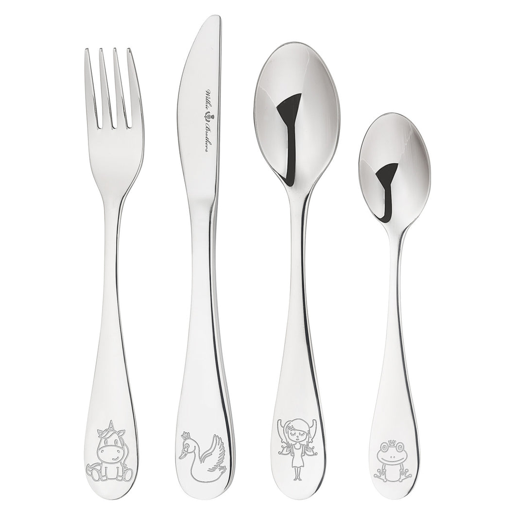 4-piece Fairytale Collection Children's Cutlery Set, including a fork, knife, spoon, and dessert spoon with cute fairytale motifs on each handle. Includes Unicorn, Fairy, Toad & Swan