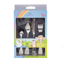 Load image into Gallery viewer, 4-piece Fairytale Collection Children&#39;s Cutlery Set, including a fork, knife, spoon, and dessert spoon with cute fairytale motifs on each handle. Includes Unicorn, Fairy, Toad &amp; Swan